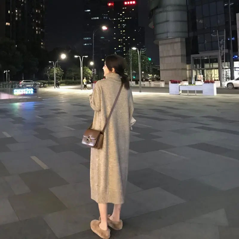 

2019 Autumn And Winter New Style Korean-style High Collar Base Long Sweater Women's Thick Long Sweater Skirt Jersey Dress