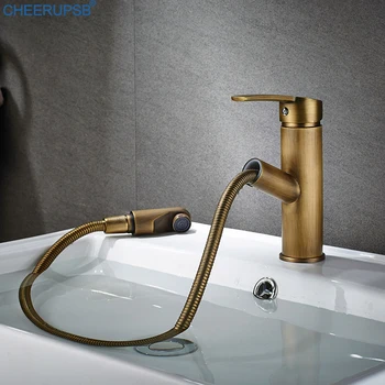 

Badkamer Kraan Bathroom Pull Out Hot Cold Mixer Tap Vintage Gold Basin Sink Faucet Deck Mounted Flexible Kranen Modern Faucets