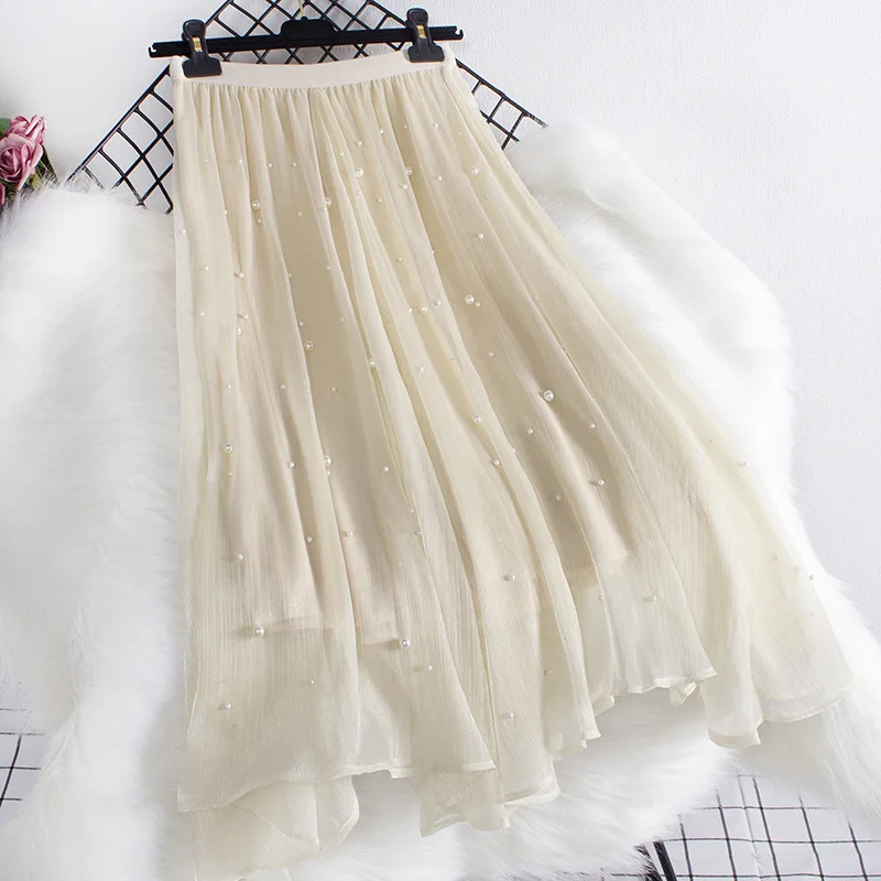 TIGENA Shiny Mesh Midi Skirt Women with Beading Korean Fashion Solid Irregular Hem A Line High Waist Long Tulle Female | Женская одежда