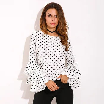 

women's blouse Polka Dot Round Neck Long Sleeve Three Tiered Ruffle Sleeve Shirt Women's Clothes Plus Size Top Elegant Solid