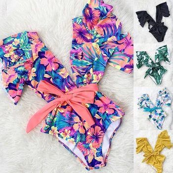 

Female Sexy Deep V Lotus Leaf Ruffled Bikinis Women Floral Printed One-piece Swimsuit 2020 Summer Backless Swimwear