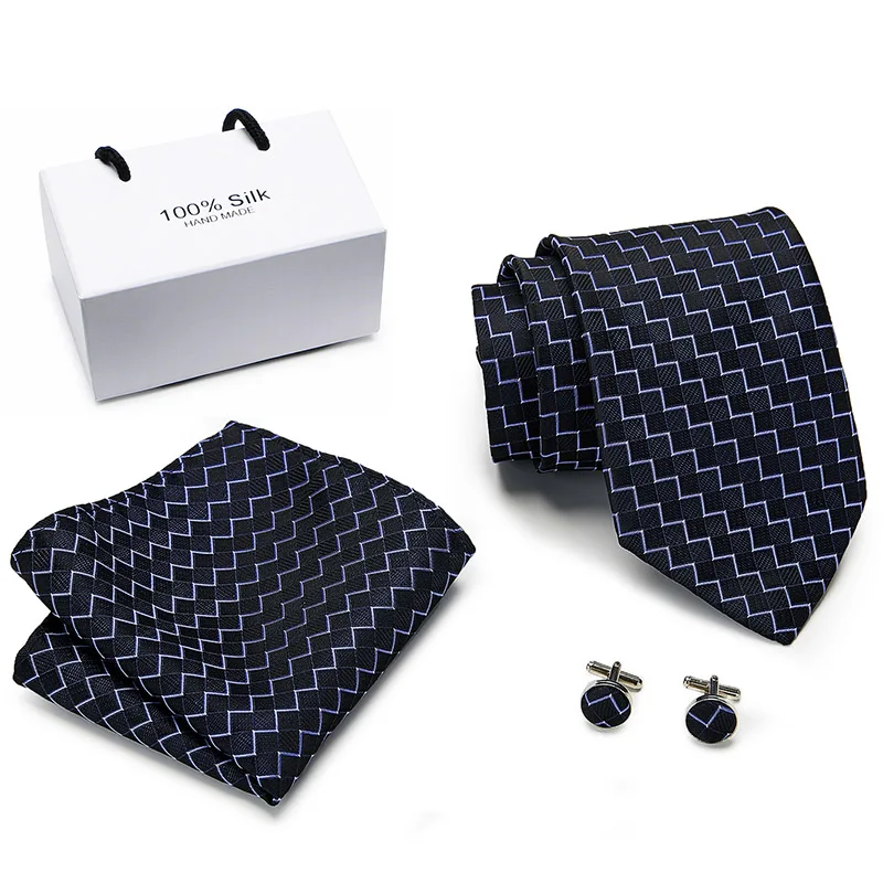 

Free shipping Extra long size 145cm*8cm Ties Blue Geometric Hanky Cufflinks Tie Set Men's Silk Tie 8cm Tie Wedding Groom Cravata