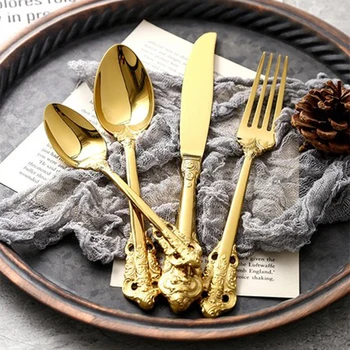 

Retro Vintage Western Gold Plated Relief Cutlery Dining Knives Forks Teaspoon Set Golden Luxury Dinnerware Tableware Set 4 pcs