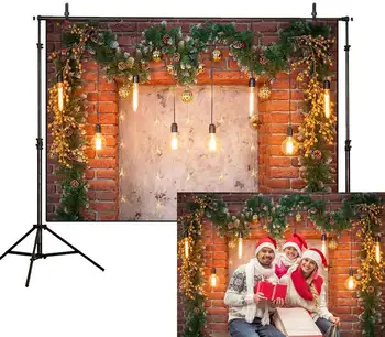 

Christmas Glitter Brick Wall Backdrop Living Room Fireplace Lights Pine Leaves Wreath Photography Background Family Party Decor