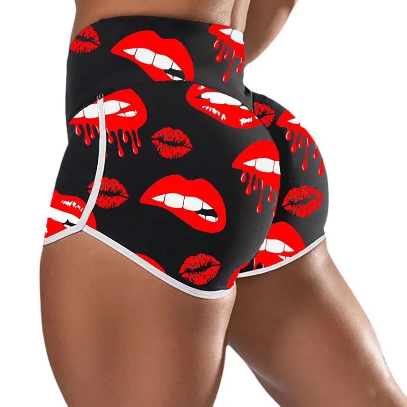 New Womens Workout Shorts Large Size Lip Printing Booty Gym Shorts Running High Waist Butt Lifting Short Leggings Calzones Mujer
