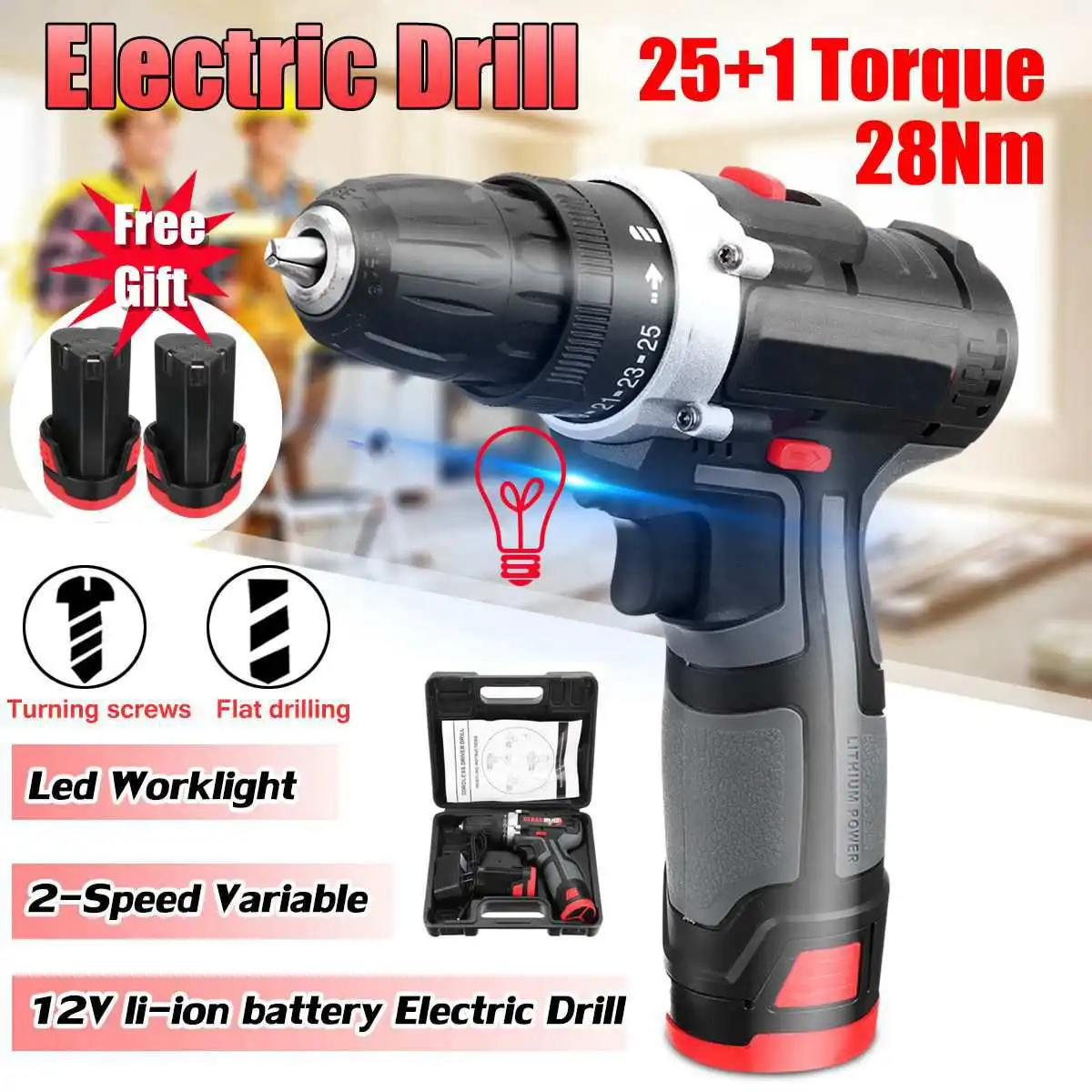 

12V Impact Drill 100-240V Double Speed Cordless Drill 25+1 torque Adjustable LED lighting 18-speed 0-350 0-1150r/min