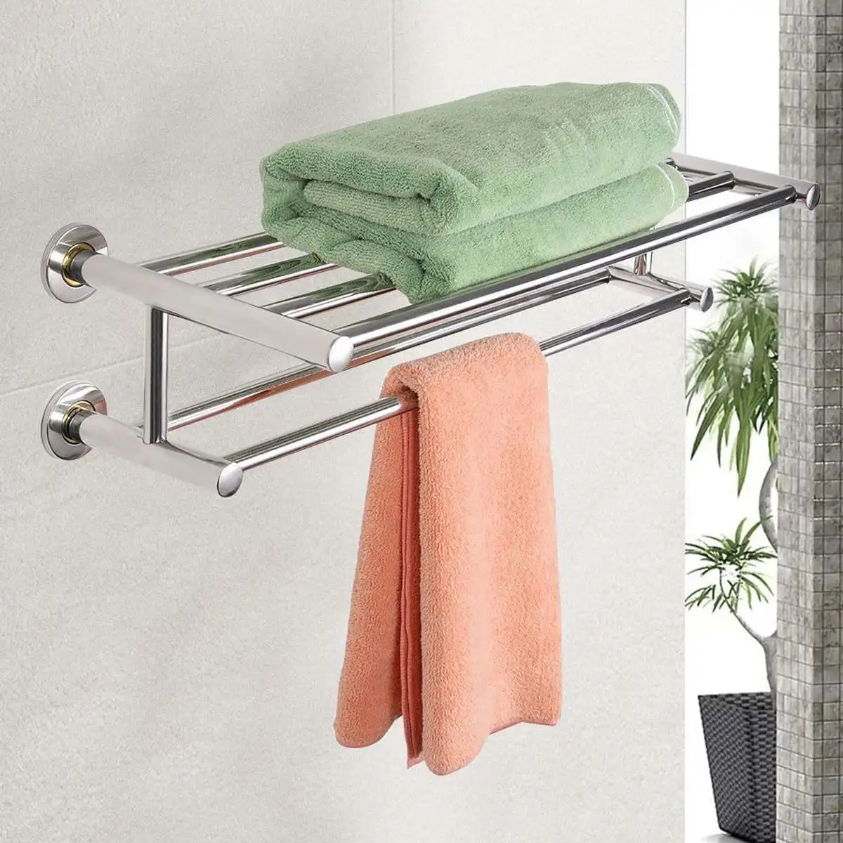 

304 Stainless Steel Towel Rack Rail Double Tiers Holder Bathroom Accessories Foldable Wall Mounted Storage Silver Shelf 60cm