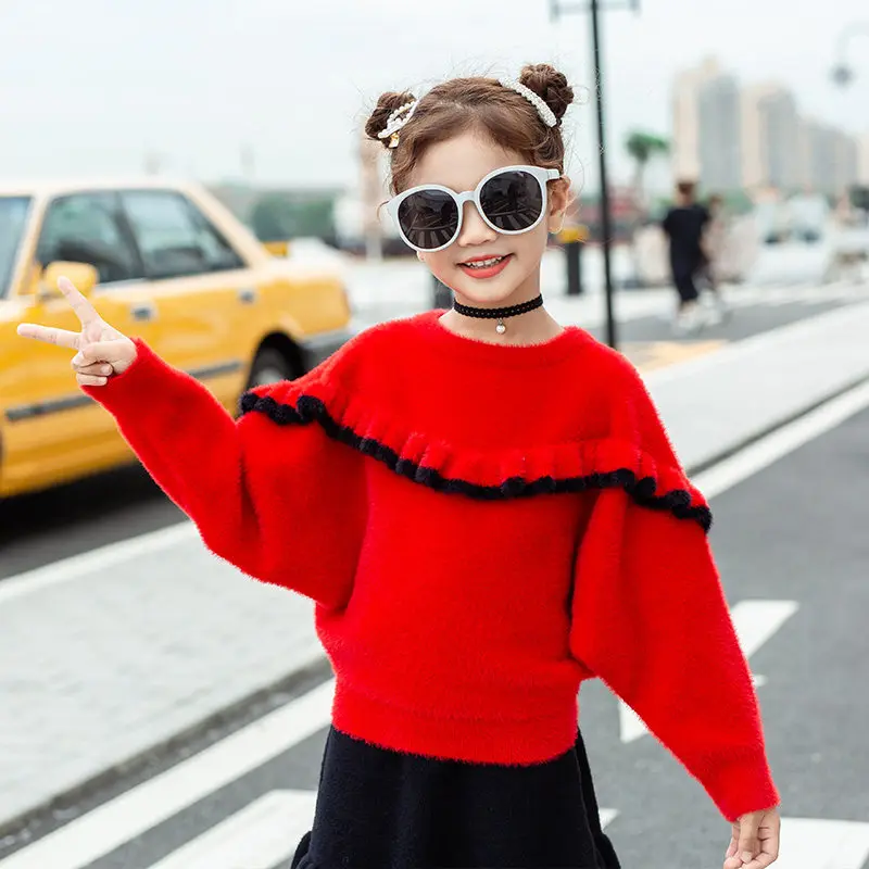 Luxury Loose Bat Sleeve Falbala Sweater for Girl Knitted Pullover Ruffle Sweater Autumn Winter New Fashion Elegant Teenage