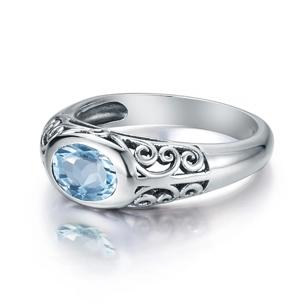 SzjinAo Blue Topaz Gemstone Finger Rings for Women March Birthstone Solid 925 Sterling Silver Ring Unique Luxury Fine Jewelry