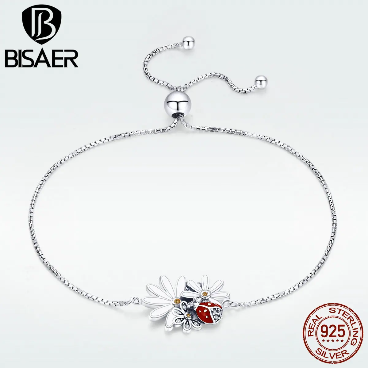 BISAER серебряные браслеты для женщин 925 пробы Серебряный эмалированный цветок божья коровка насекомые регулируемый браслет Мода GXB101