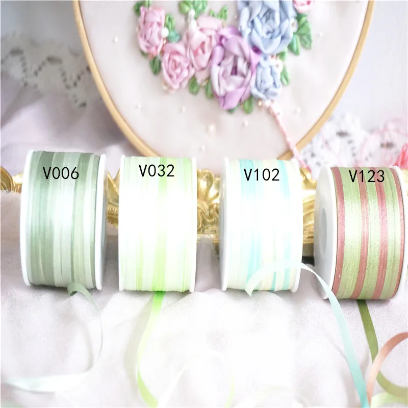 

4mmx10m/roll variegated of 100% pure silk embroidery ribbon thin taffeta high quality silk edge ribbon Anya Ribbon Handcraft