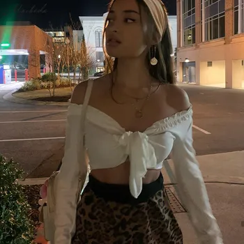 

Macheda Women White Sexy Bow Lace Up V Neck Top Summer Long Sleeve Ruched Slim Short Ladies Casual Crop Top Female 2020 New