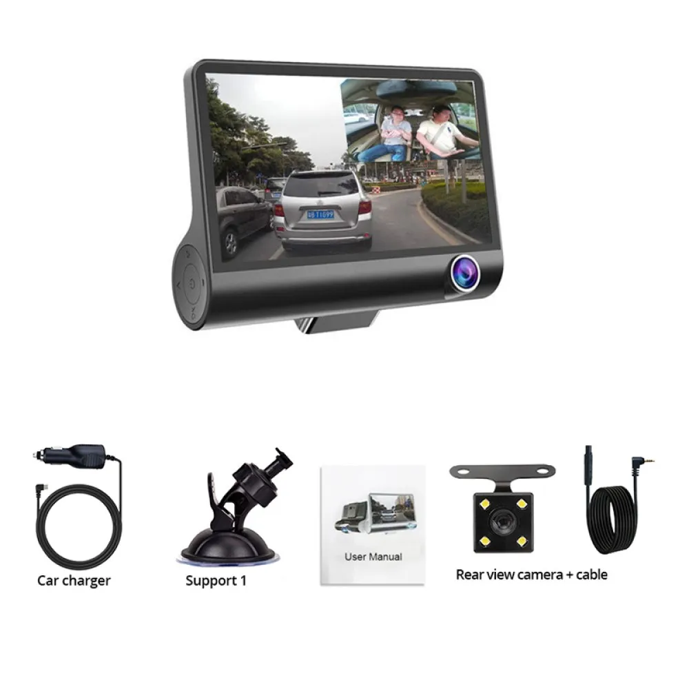 Автомобильный видеорегистратор STAWER с 3 линзами, видеорегистратор HD, ночное видение, 4 дюйма, g-сенсор, видеорегистратор с камерой заднего вида