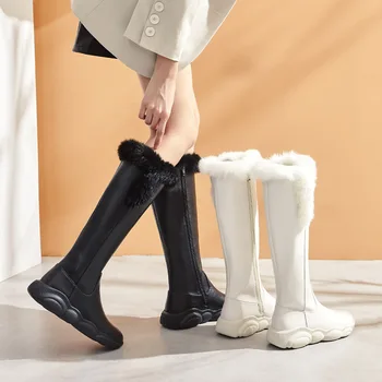 

SWONCO Warm Fur Snow Boots Winter Women Shoes New 2020 White/black High Boots Female Sexy Velvet Fur Snow Boots Flats Heel