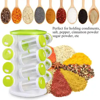

Revolving Spice Rack With 16pcs Jars Pepper Shaker Box Seasoning Cans Pepper Salt Cruet Plastic Bottle Kitchen Spice Jar Set