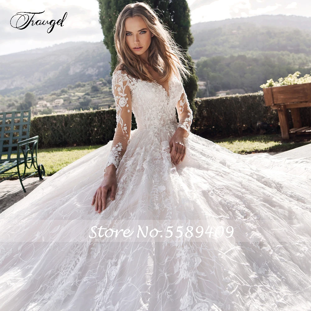 Customized Scoop A Line Lace Wedding Dresses Elegant Applique Long Sleeve Bride Dress Cathedral Train Bridal Gown Plus Size 3