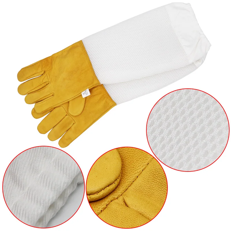 Beekeeping Gloves Protective Sleeves Breathable Yellow Mesh White Sheepskin and Cloth for Apiculture beekeeping tools,beekeeping accessories,beekeeper gloves