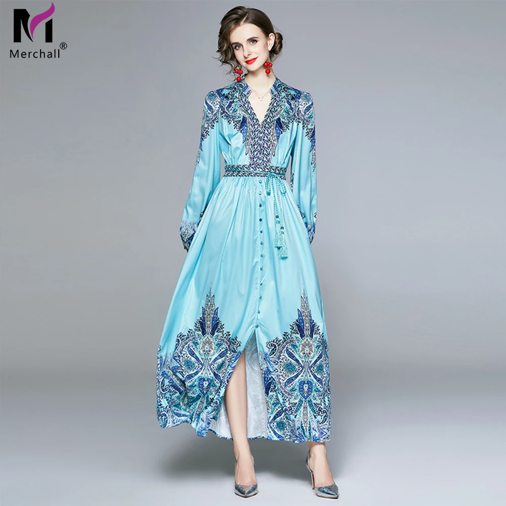 

Merchall 2020 New Spring Autumn Runway Long Dress Women's Puff Sleeve Floral Print Single Breasted Split Maxi Dress with Belt