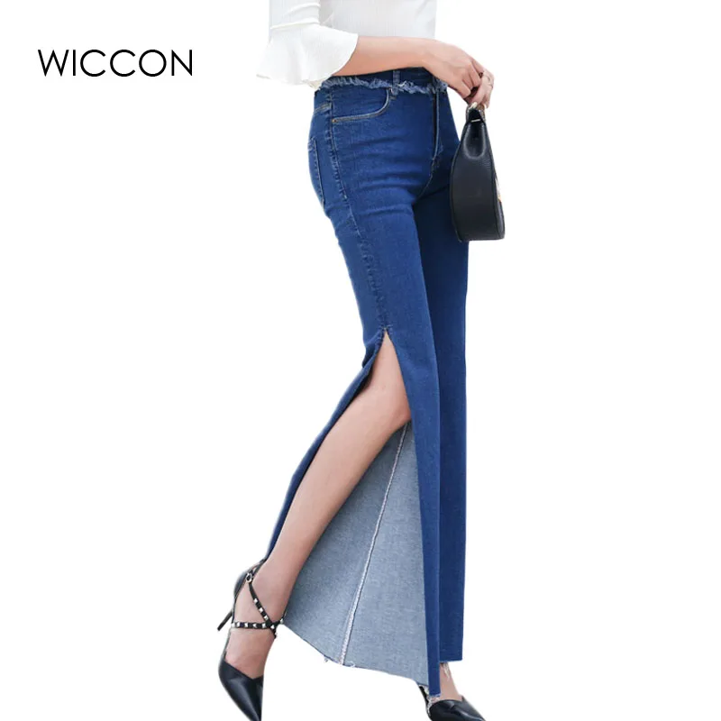 Autumn Personalized Women Side Slit Jeans High Waist Cool Denim Wide Leg Pants Trousers Boyfriend Jeans for Women WICCON