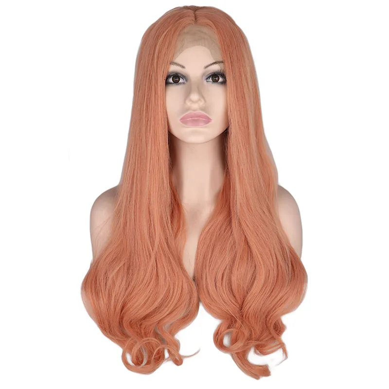 

QQXCAIW Synthetic Lace Front Wig For Women Orange Pink Mixed Color Glueless Long Natural Wavy Heat Resistant Fiber Wigs
