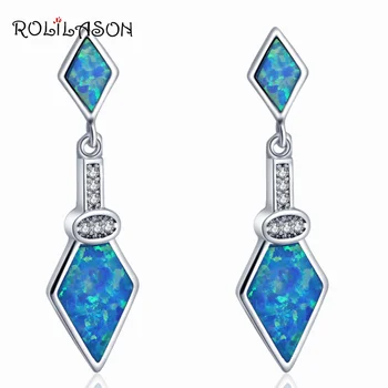 

ROLILASON Royal earrings White Cubic Zirconia silver plated Stamped Blue Fire Opal Drop Earrings fashion Jewelry OE742
