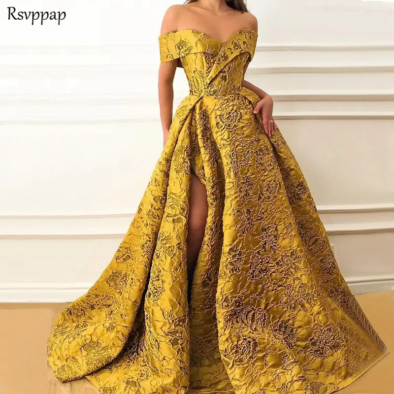 

Long Evening Dresses 2020 robe de soiree Elegant Cap Sleeve V-neck Sexy High Slit Saudi Arabia Style Gold Women Formal Gowns