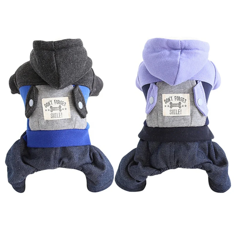 Pet Dog Color-patched Denim 4-legged One-piece Jacket With Pockets Fleece Jumpsuit Cool Dog Clothes For Autumn And Winter