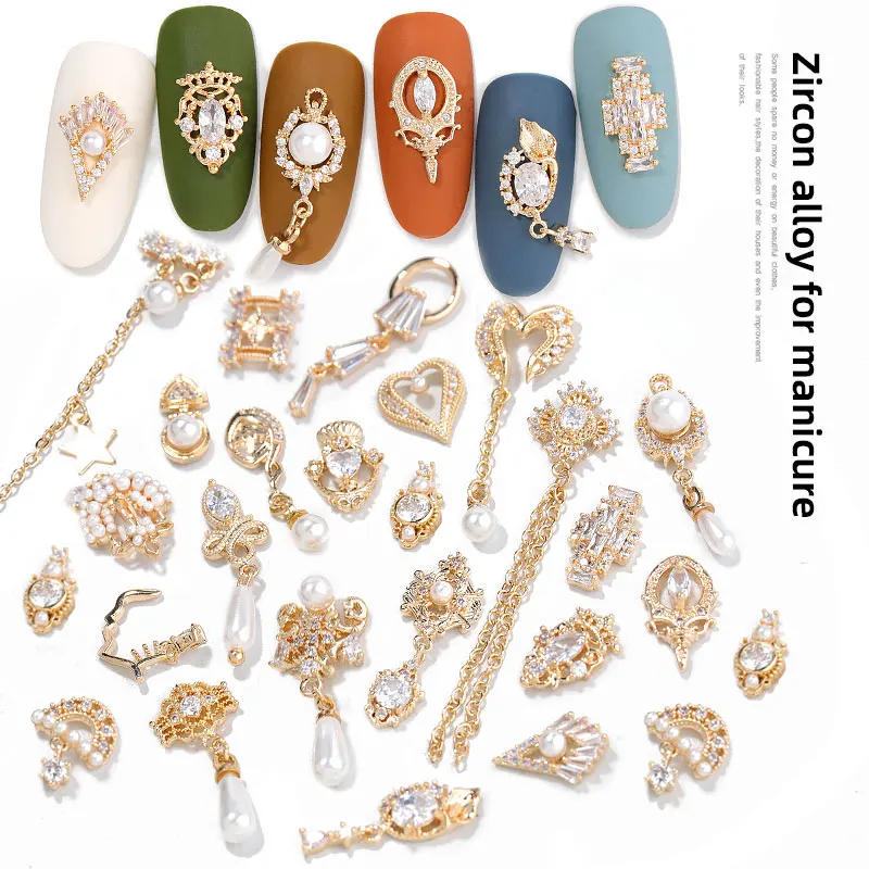 

2 pieces of high quality 3D metal zircon nail art jewelry Decoration top crystal nail pearl pendant diamond Amulet