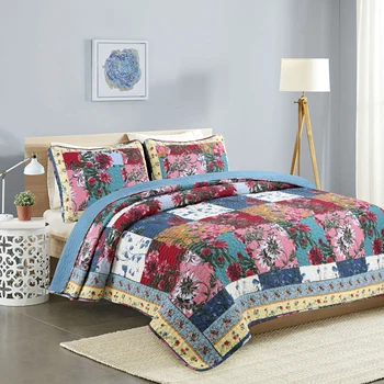 

240 * 260cm Fashion Pastoral Style Flower Printing Splicing Tartan Design Cotton Quilt Sets Washable Summer Bedspreads