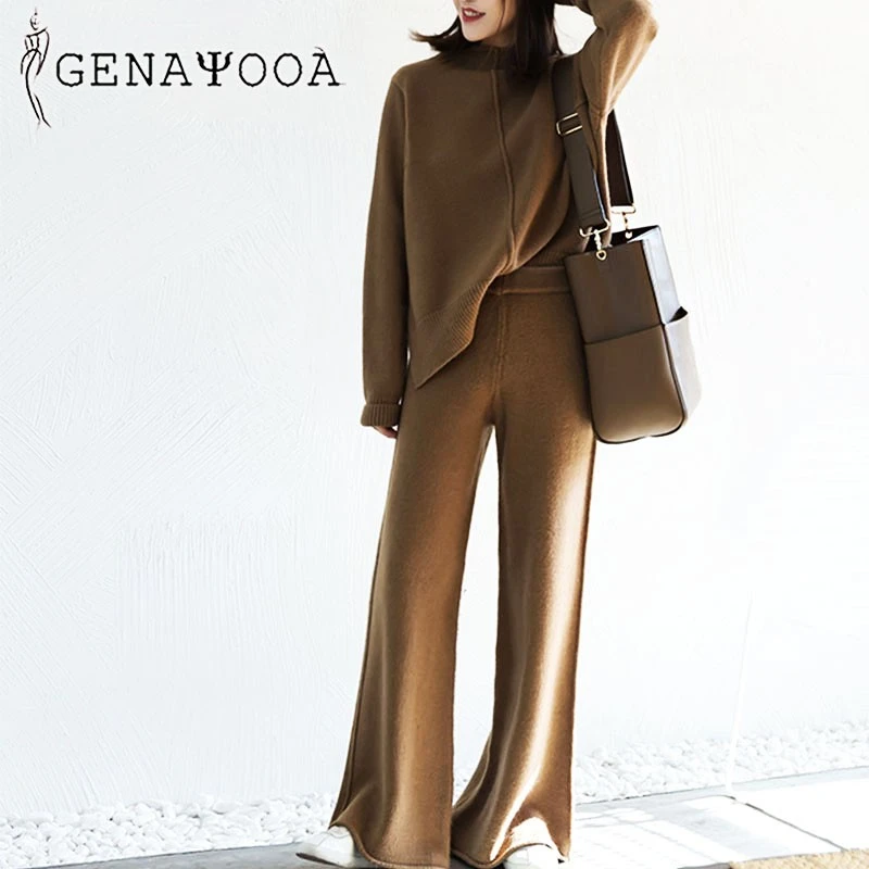 Genayooa Cashmere Two Piece Set Top And Pants 2021 Winter Korean Womens Tracksuit Set Korean Casual 2 Piece Sets Womens Outfits women's short suit set