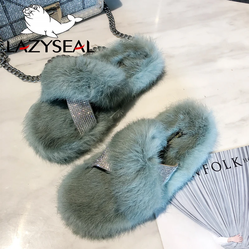 Домашние тапочки LazySeal из натурального меха с кристаллами женская обувь теплые