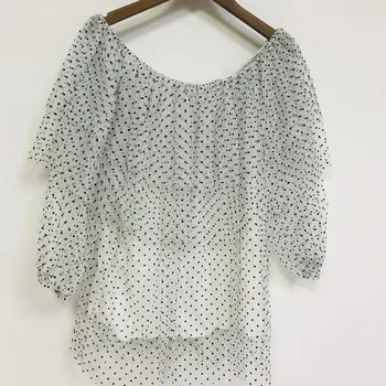 

2020 New Women's Shirt Ladies Sexy Slash Neck Polka Dot Print Loose Mesh Female Ruffled Three Quarter Sleeve Blouse Female Tops