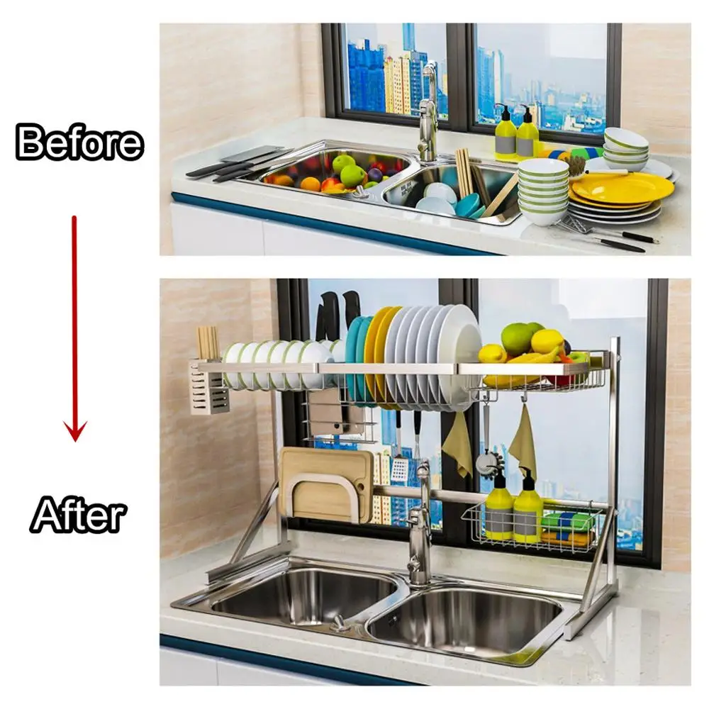 1/2Tier Multi-use Stainless Steel Dishes Rack Dual Sink Drain Rack Adjustable Kitchen Oragnizer Rack Dish Shelf Sink Drying Rack