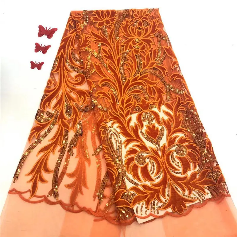 

French Glittery African Lace Fabric High Quality Orange Lace Nigerian Lace Fabric 2019 High Quality Lace With Sequins