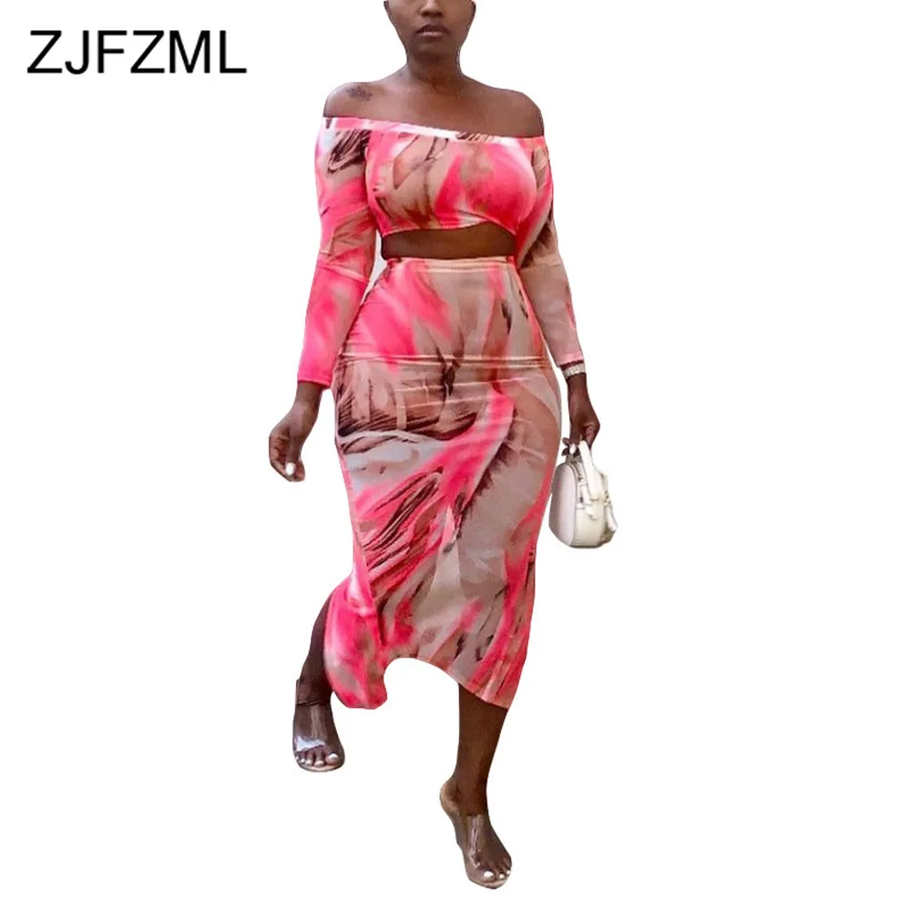 Sexy Mesh Patchwork 2 Two Piece Set Fall Clothes for Women Off Shoulder Long Sleeve Crop Top Back Split Sheath Skirt Sweat Suits |