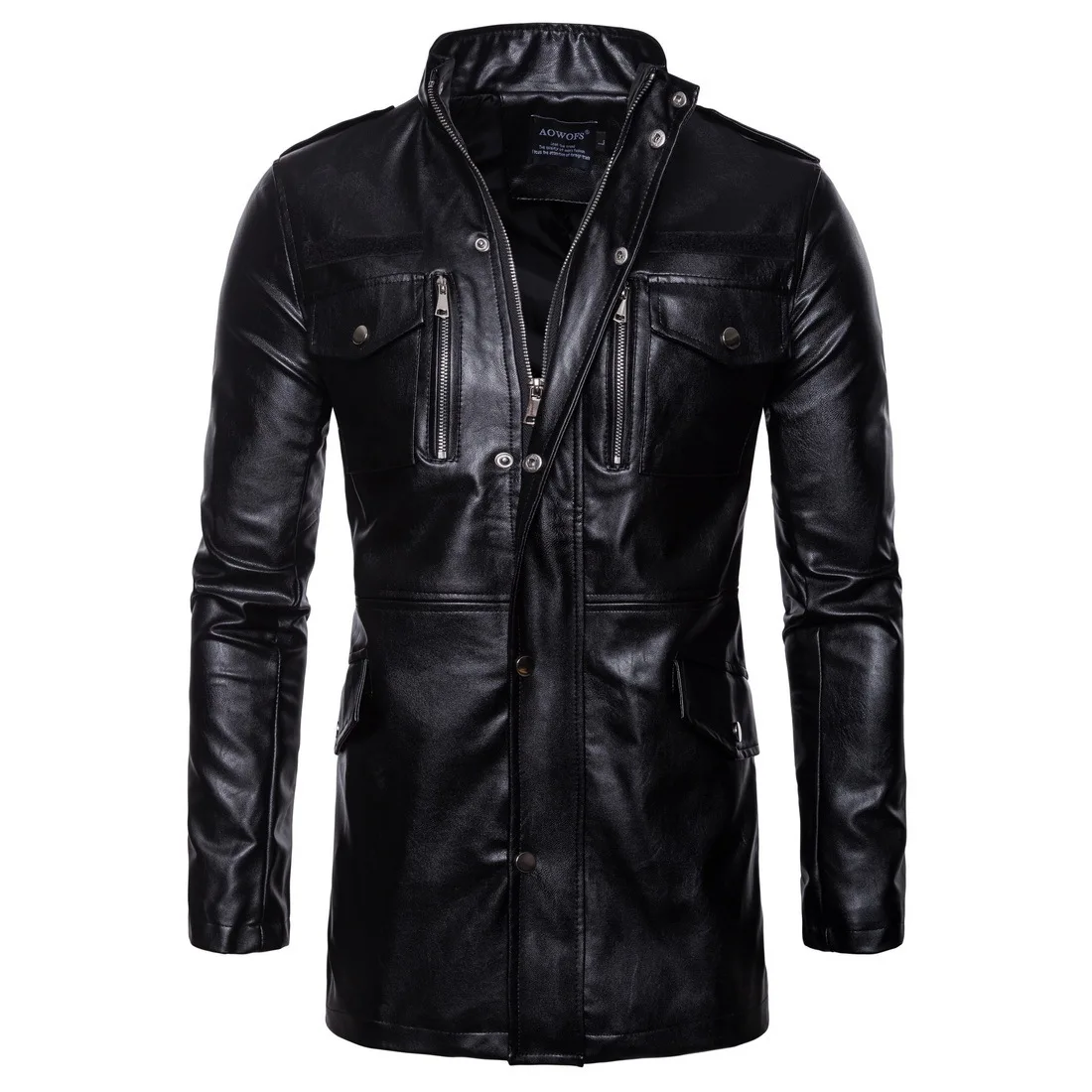 

2018 Men Autumn Clothing New Style Mid-length Leather Coat Stand Collar Four-Pocket Motorcycle Jacket Men's Korean-style Solid C