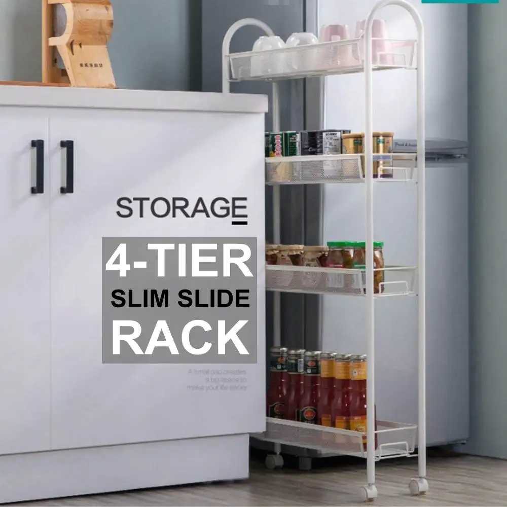 

4 Layer Durable Metal Gap Kitchen Storage Rack Slim Slide Tower Movable Assemble Bathroom Shelf Wheels Space Saving Organizer