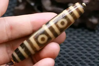 

Collectible Treasure Talisman LKbrother Sauces Magic Power Tibetan Top Old Agate Ivory Color 4 Eye Long dZi Bead Amulet 77MM Ls