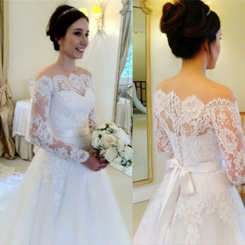 Vestido de casamento vestido de noiva manga longa renda платье невесты с длинным рукавом Кружевное винтажное свадебное платье трапециевидной формы EX8