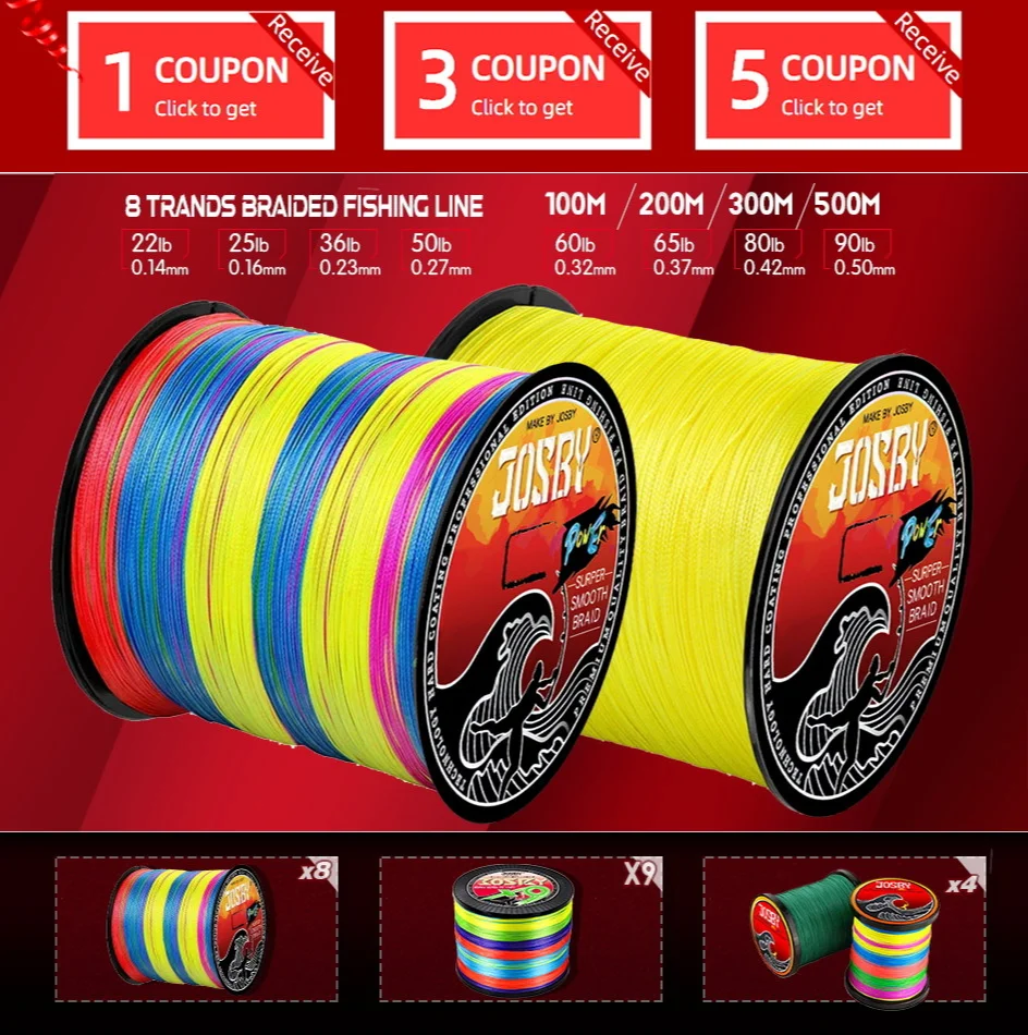 JOSBY Braided Fishing Line 8 Strands 100 PE Japanese Super Strong 300M