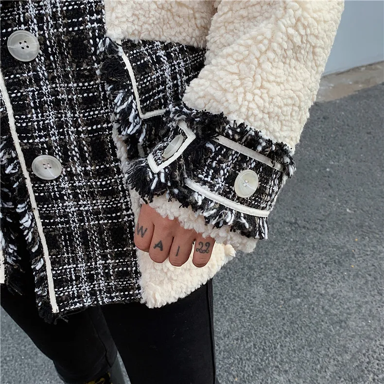 Овечья шерсть лоскутное плед твид кисточкой однобортный для женщин модные зимние пальто женские толстые теплые свободные повседневные пальто