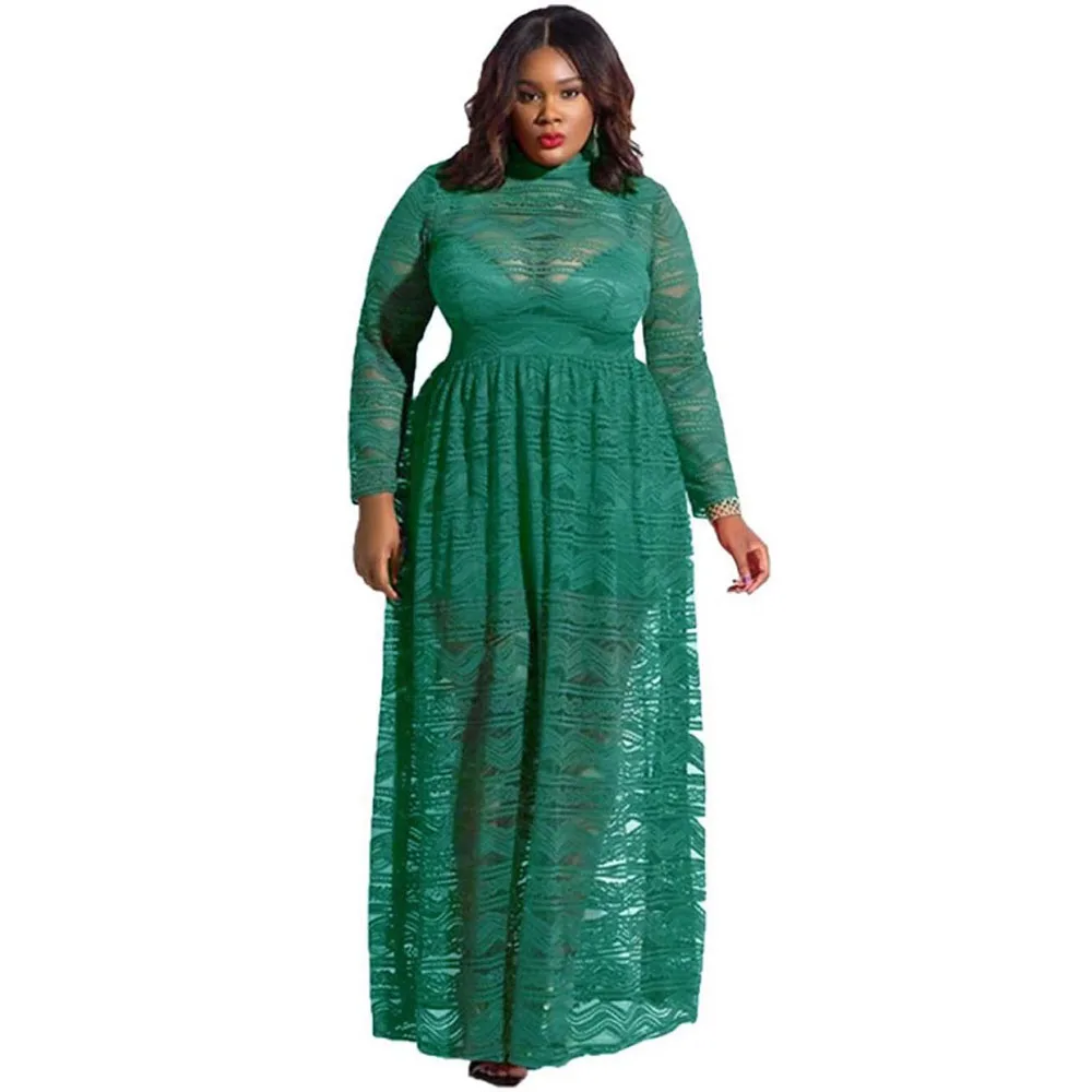 

Sexy See Through Dress Women 2019 Vintage Green Lace High Waist Zipper Long Sleeve Plus Size Dress Retro Elegant Maxi Vestidos