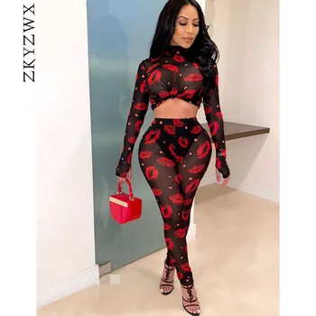

ZKYZWX Sexy Mesh Sheer Lip Print Two Piece Set Women New Summer Long Sleeve Crop Top and Pant Matching Sets 2 Piece Club Outfits