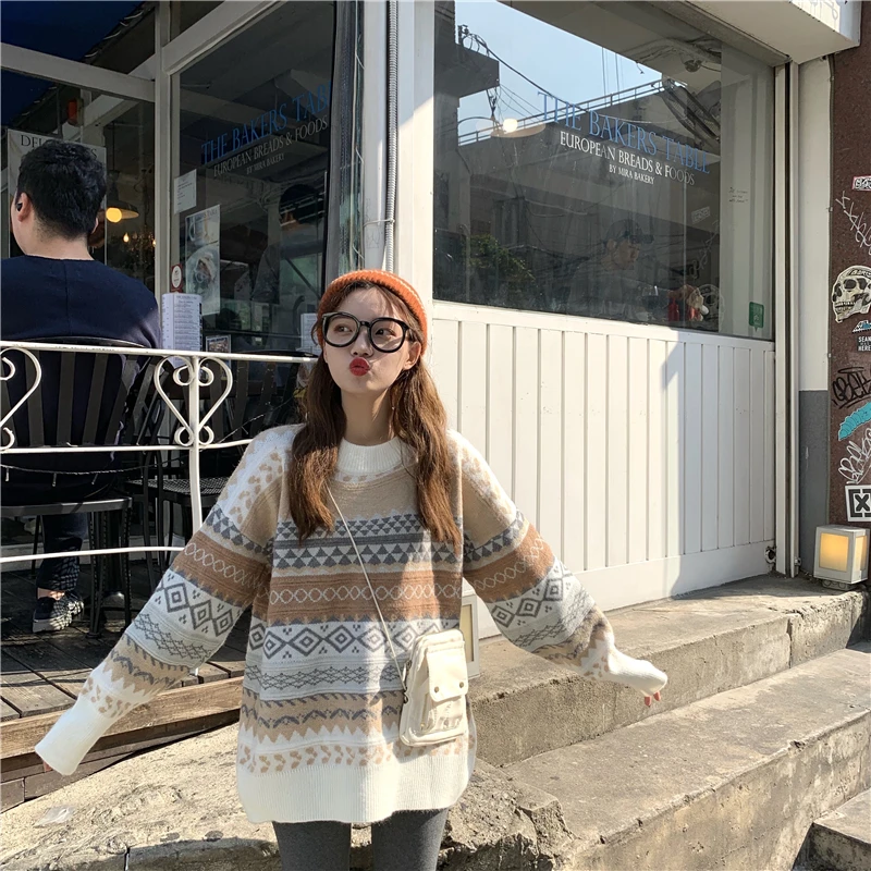 Свободные повседневные женские свитера с принтом, корейские свободные свитера, женские зимние пуловеры
