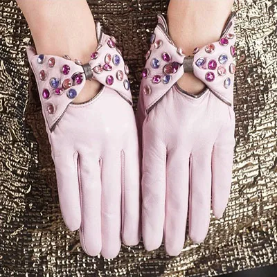 pink Качественные женские перчатки из натуральной кожи, зимние модные короткие стильные цветные перчатки с бриллиантами, женские импортные перчатки из овчины ST05512 - Цвет: pink