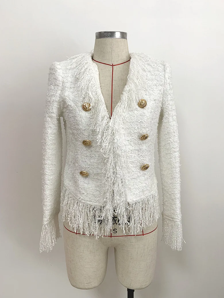 Брендовая женская куртка, длинное пальто, модная однотонная приталенная твидовая куртка с кисточками, Женская двубортная верхняя одежда, деловая Повседневная Женская куртка