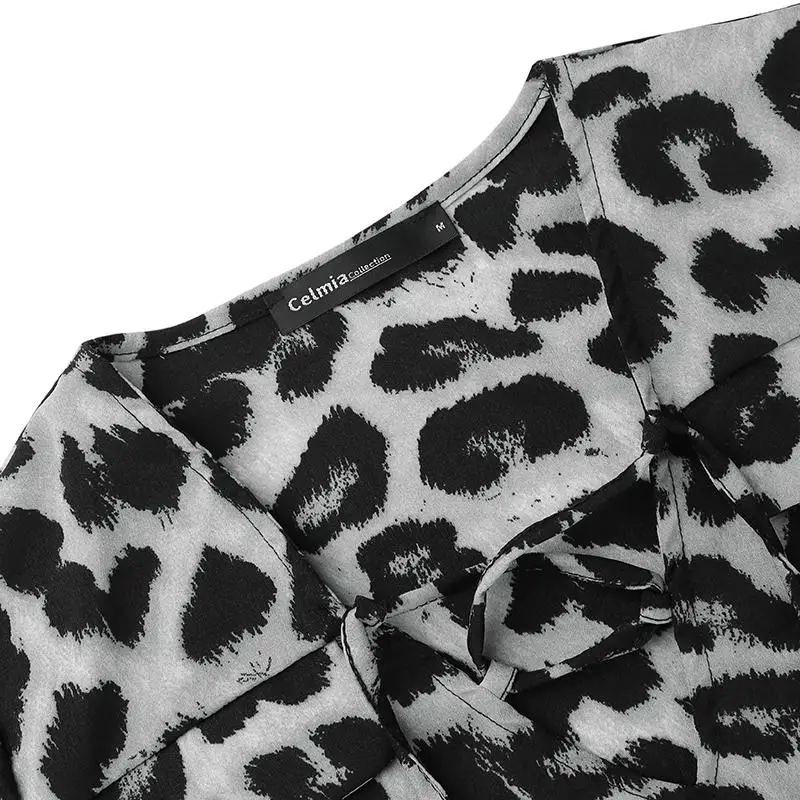 Женская винтажная блузка на шнуровке с v-образным вырезом, сексуальные рубашки cellumia, осень, длинный рукав-фонарик, рисунок зебры, повседневные рабочие топы размера плюс