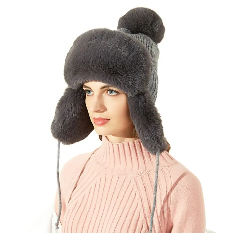 Женская зимняя вязаная шапка-бомбер с помпоном из искусственного флиса, шапка охотника C6UD
