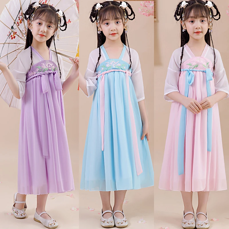 Hanfu платье феи для девочек костюм в китайском стиле детские древние восточные костюмы Классическая танцевальная одежда народный костюм DNV11948