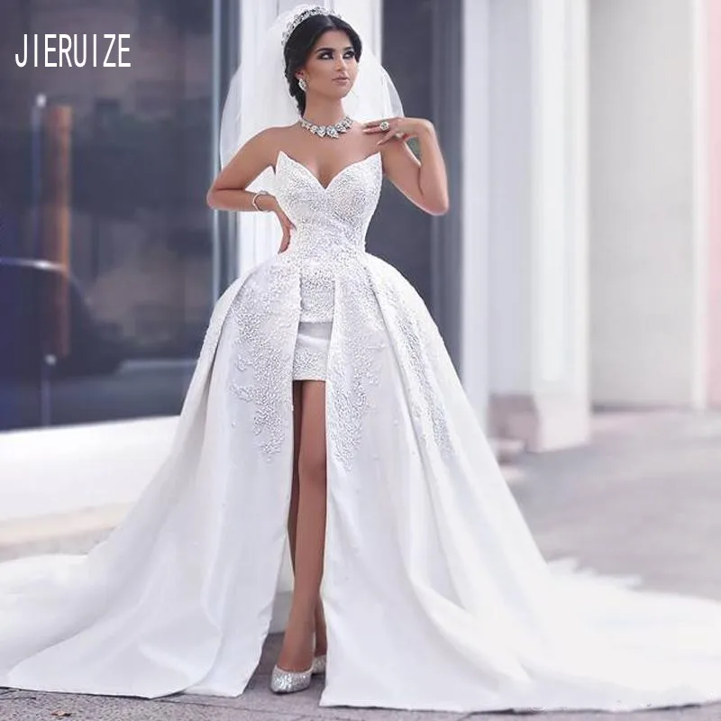 

JIERUIZE Sexy Wedding Dresses With Detachable Train V Neck Sleeveless Appliques Satin Bridal Wedding Gowns vestido de noiva